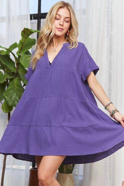 ADORA Tiered Notched Short Sleeve Dress Purple for a perfect OOTD – dress to impress outfits from Amexza