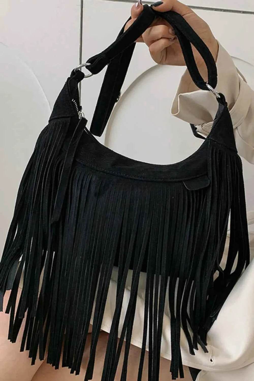 Suede Fringe Adjustable Strap Shoulder Bag Black One Size for a perfect OOTD – dress to impress outfits from Amexza