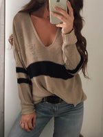 Striped V-Neck Long Sleeve Sweater Camel for a perfect OOTD – dress to impress outfits from Amexza