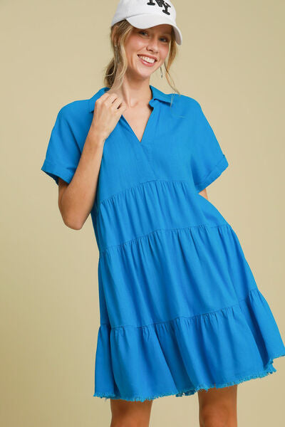 Umgee Full Size Raw Hem Folded Sleeve Tiered Dress Plus Size Blue for a perfect OOTD – dress to impress outfits from Amexza