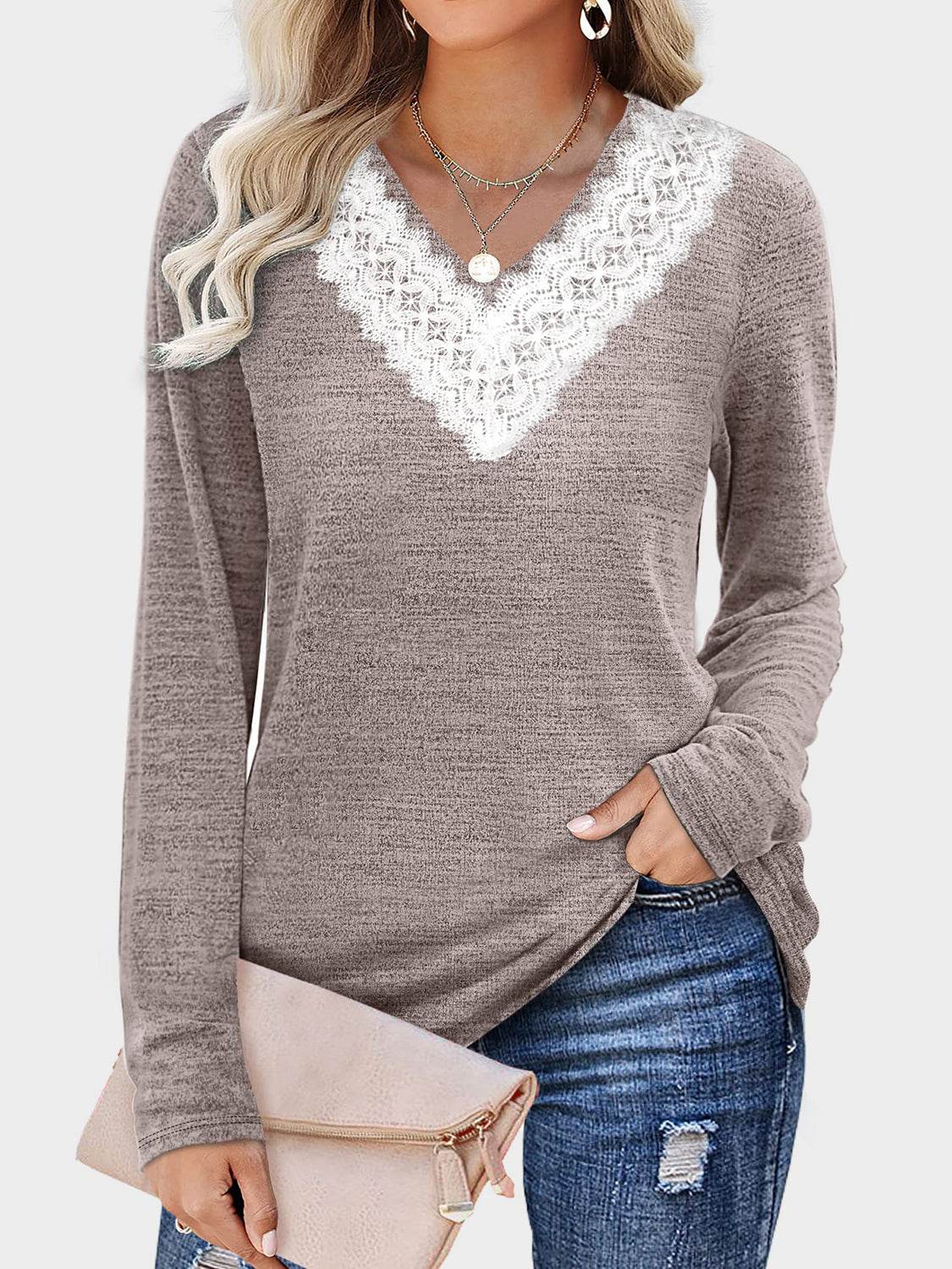 Lace Detail V-Neck Long Sleeve T-Shirt for a perfect OOTD – dress to impress outfits from Amexza