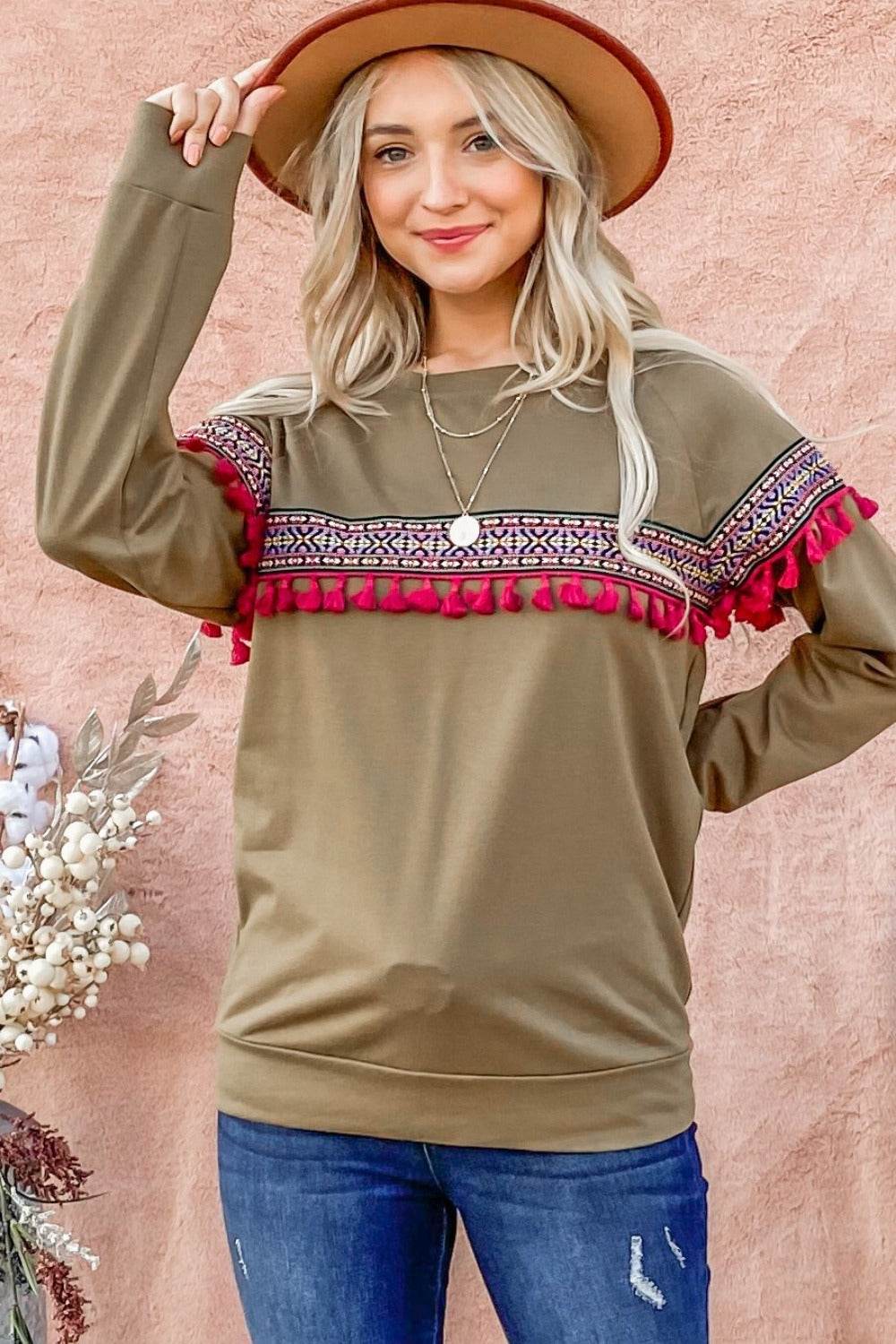 And The Why Ethnic Ribbon Tassel Trim Top Olive for a perfect OOTD – dress to impress outfits from Amexza