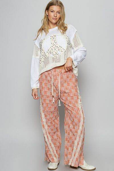 POL Lace Trim Drawstring Checkered Wide Leg Pants - Amexza