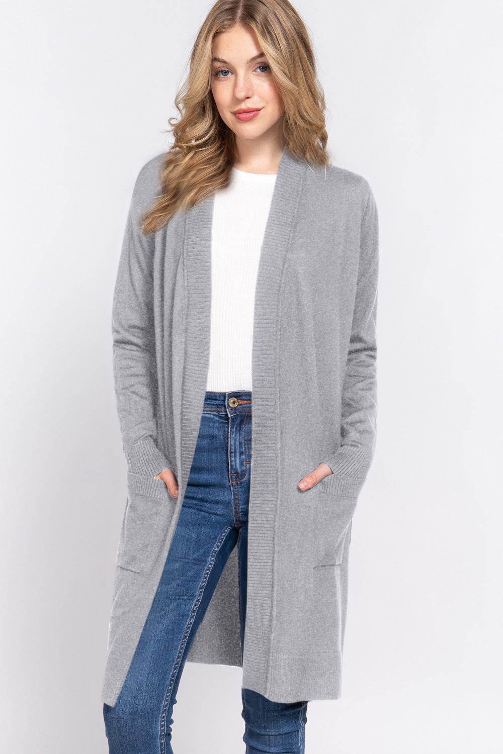 ACTIVE BASIC Open Front Rib Trim Long Sleeve Knit Cardigan HGREY for a perfect OOTD – dress to impress outfits from Amexza