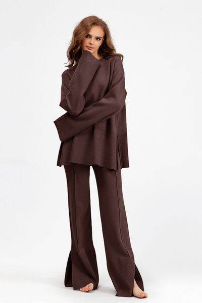 Basic Bae Slit Round Neck Long Sleeve Top and Drawstring Pants Sweater Set Brown One Size for a perfect OOTD – dress to impress outfits from Amexza