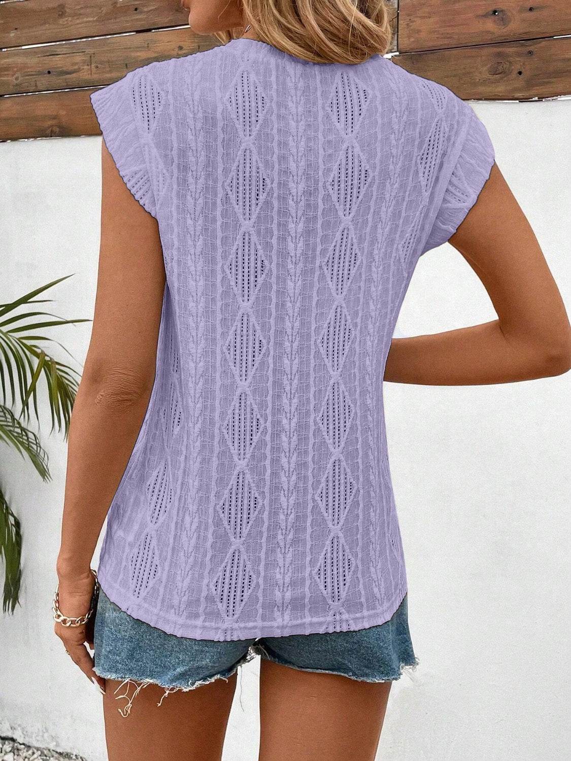 Openwork Round Neck Cap Sleeve Top for a perfect OOTD – dress to impress outfits from Amexza