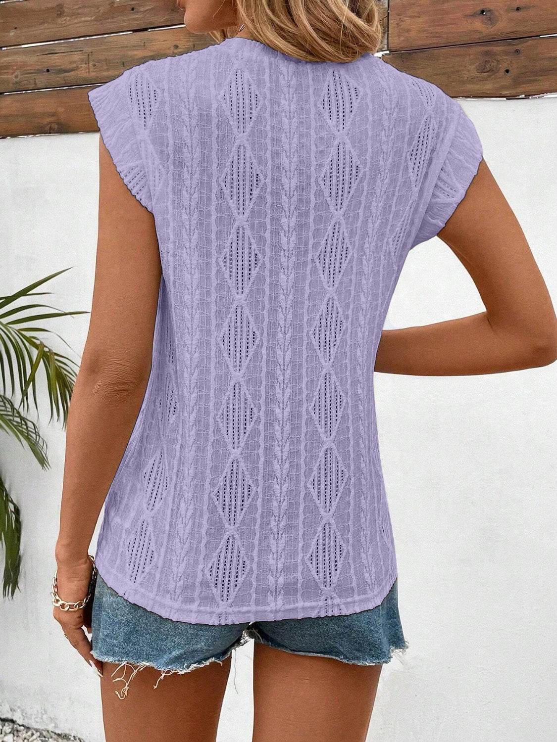 Openwork Round Neck Cap Sleeve Top - Amexza