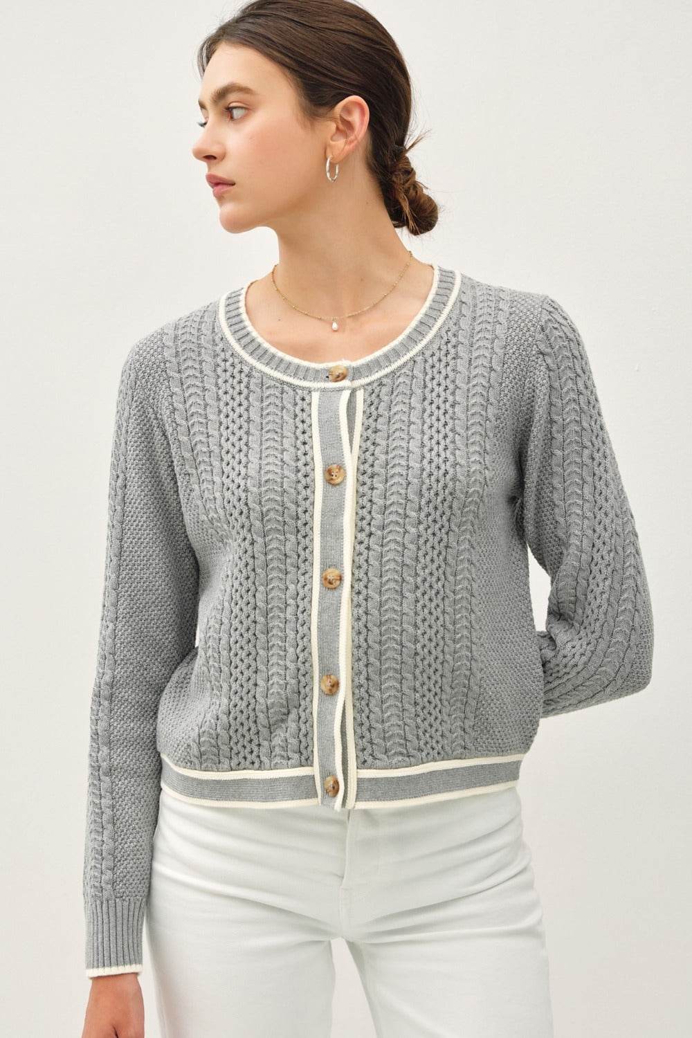 Be Cool Cable Knit Long Sleeve Contrast Edge Cardigan Gray for a perfect OOTD – dress to impress outfits from Amexza