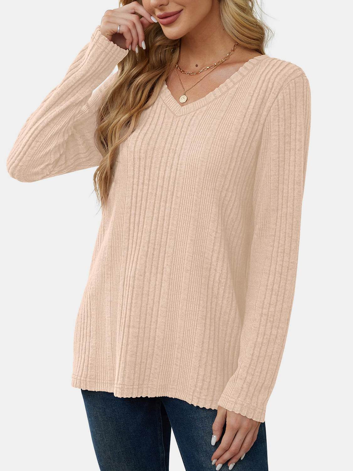 V-Neck Long Sleeve T-Shirt Beige for a perfect OOTD – dress to impress outfits from Amexza