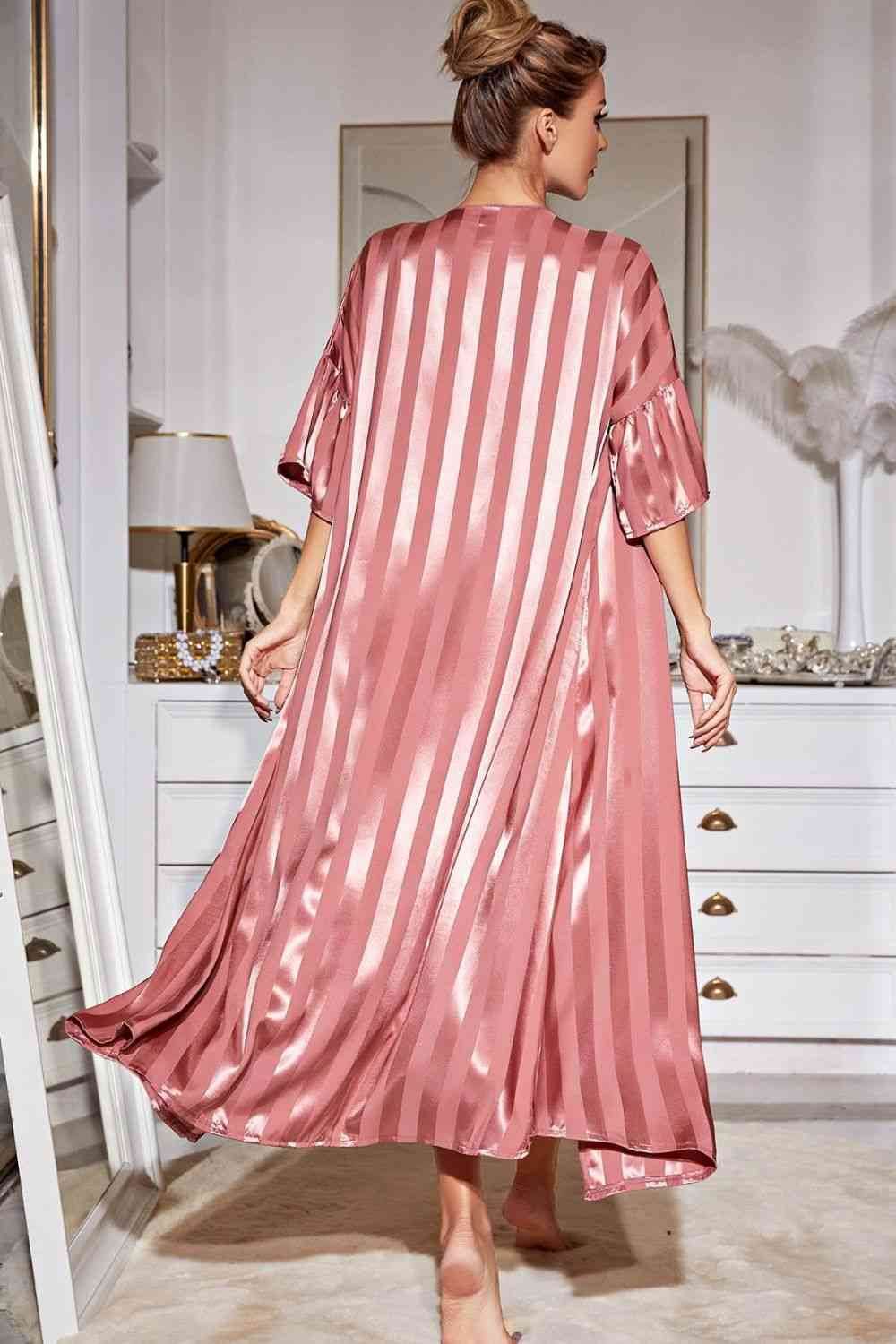 Striped Flounce Sleeve Open Front Robe and Cami Dress Set for a perfect OOTD – dress to impress outfits from Amexza