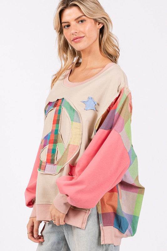 SAGE + FIG Full Size Contrast Peace Patch Dropped Shoulder Sweatshirt for a perfect OOTD – dress to impress outfits from Amexza