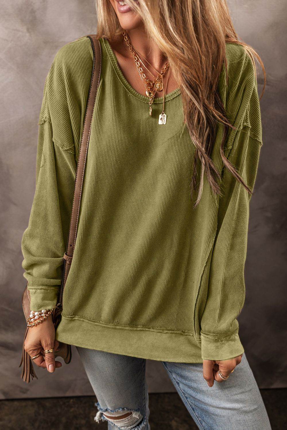 Textured Round Neck Long Sleeve Sweatshirt - Amexza