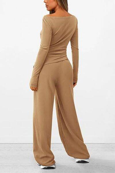 Round Neck Long Sleeve Top and Pants Set - Amexza