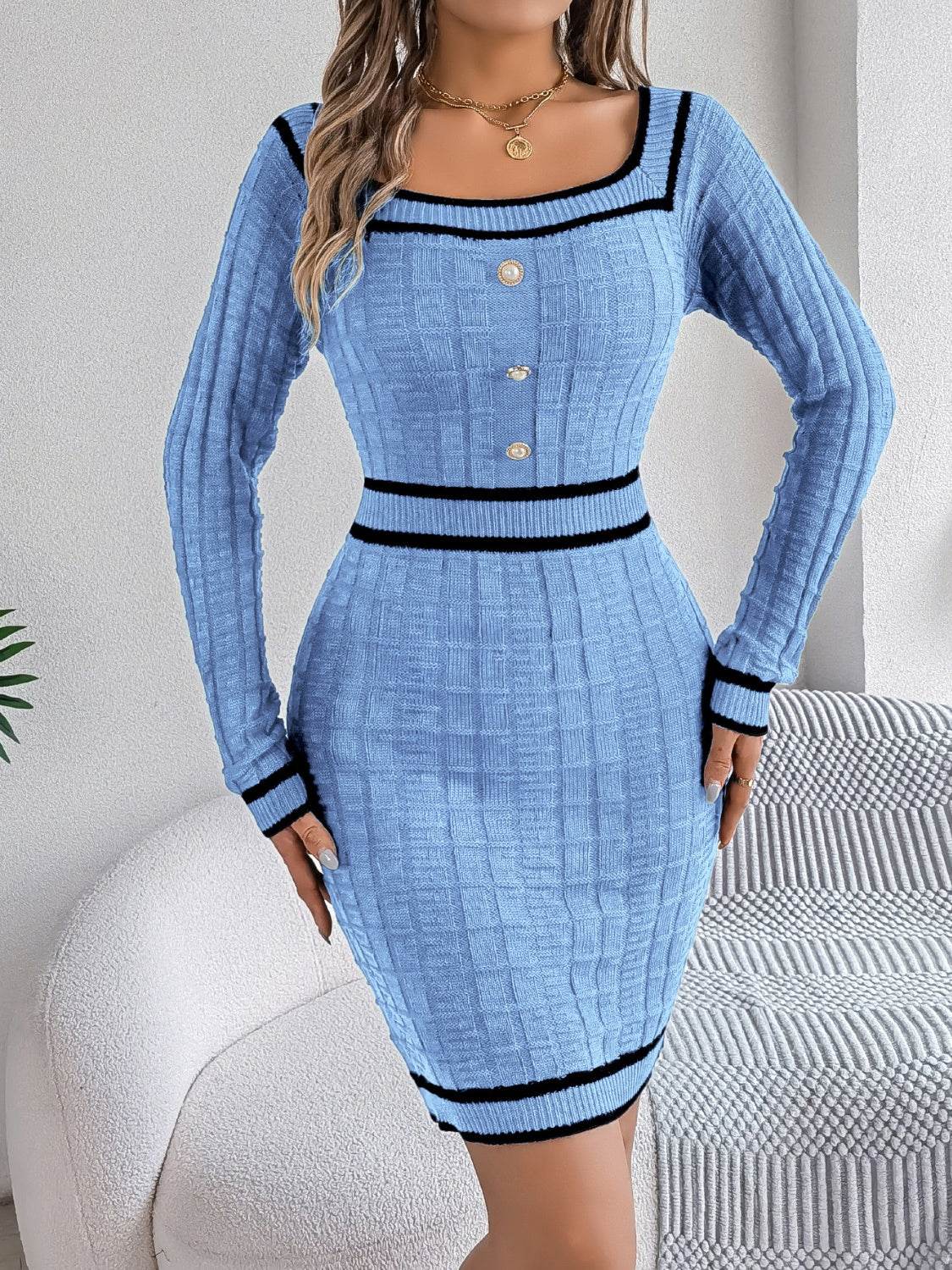 Contrast Trim Long Sleeve Sweater Dress for a perfect OOTD – dress to impress outfits from Amexza