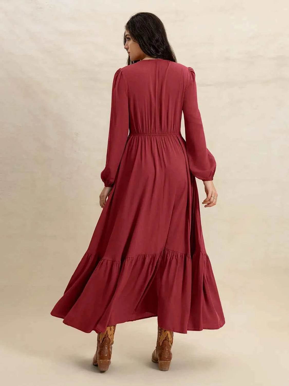 V-Neck Balloon Sleeve Ruffled Hem Maxi Dress for a perfect OOTD – dress to impress outfits from Amexza