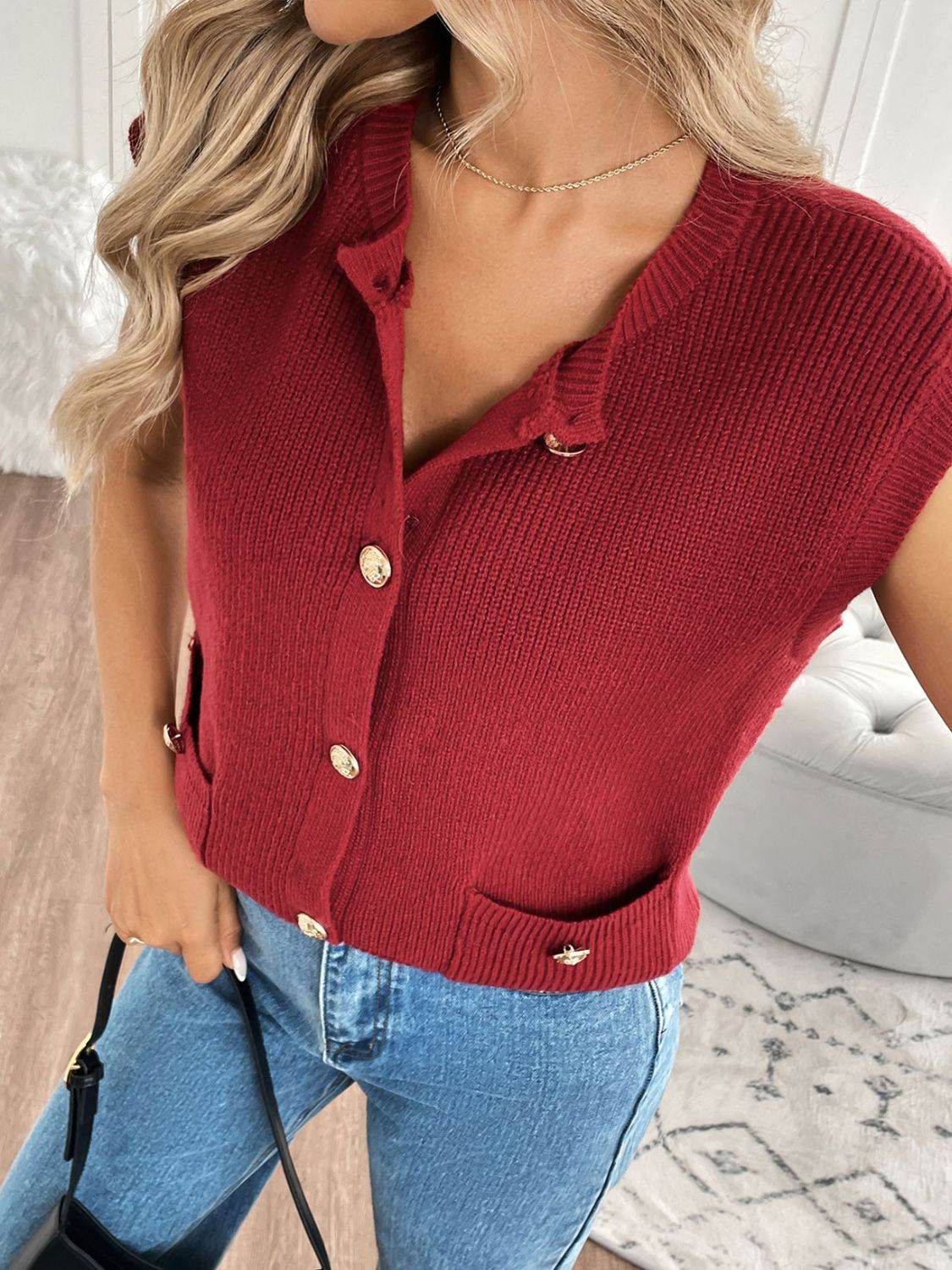 Perfee Pocketed Round Neck Cap Sleeve Cardigan - Amexza