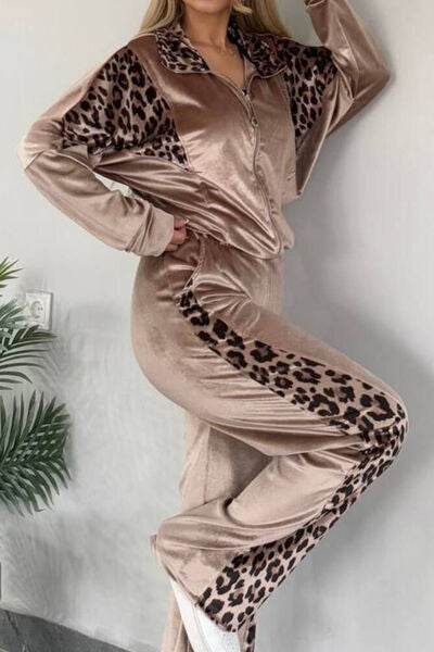 Full Size Collared Neck Leopard Zip Up Top and Pants Set Plus Size for a perfect OOTD – dress to impress outfits from Amexza