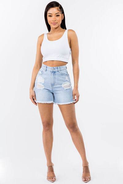 American Bazi High Waist Distressed Raw Hem Denim Shorts for a perfect OOTD – dress to impress outfits from Amexza