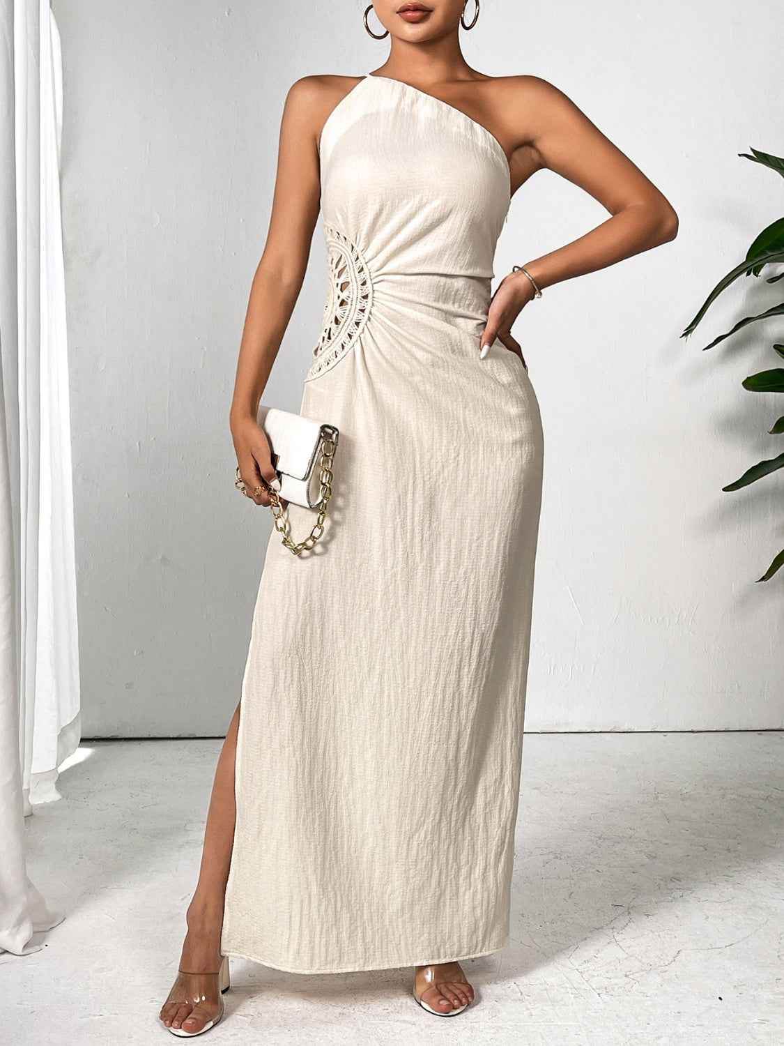 Honey Slit One Shoulder Sleeveless Maxi Dress Beige for a perfect OOTD – dress to impress outfits from Amexza