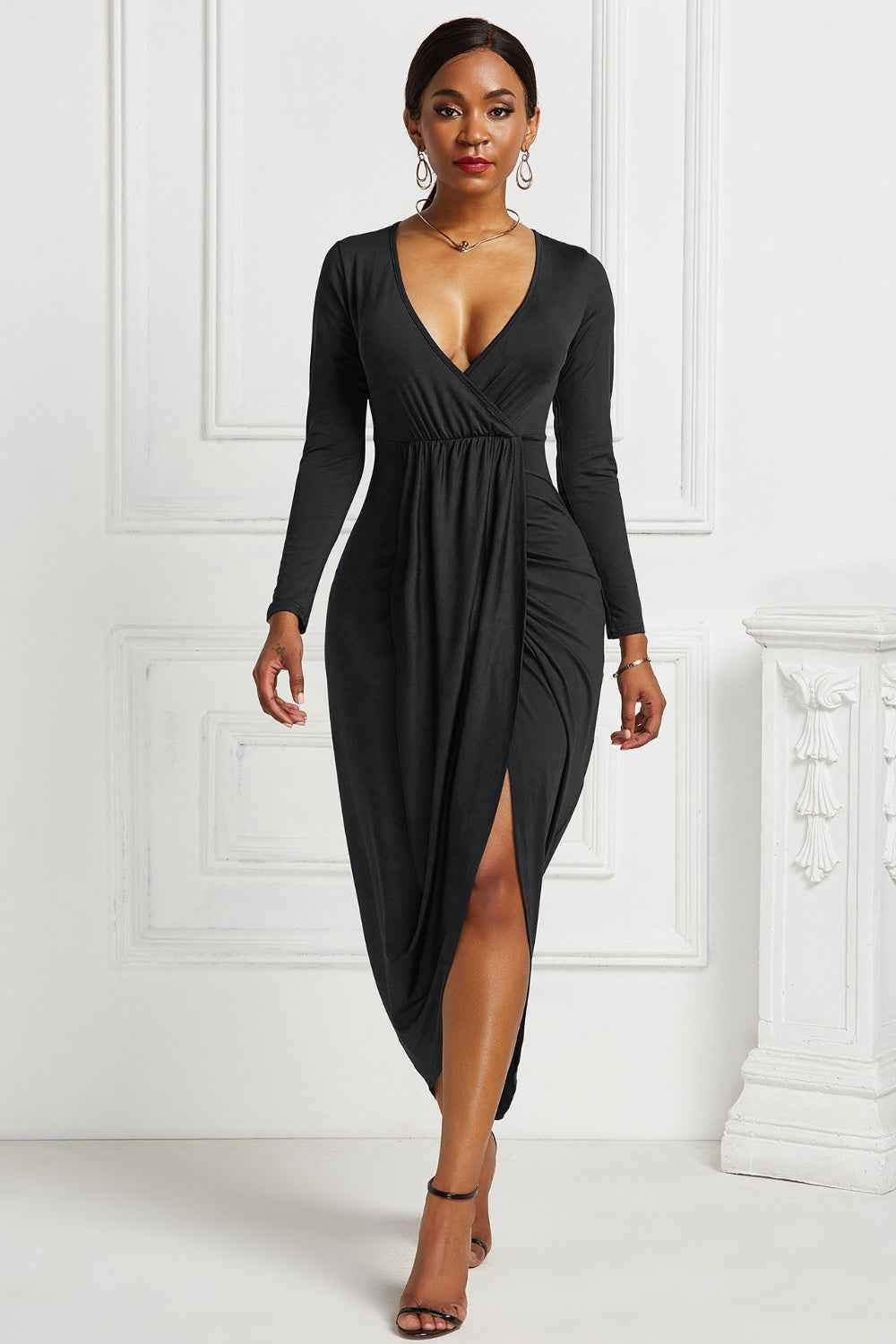 High-low Ruched Surplice Long Sleeve Dress Black for a perfect OOTD – dress to impress outfits from Amexza