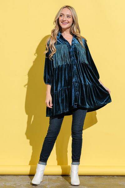 And The Why Fringe Detailed Velvet Shirt Dress for a perfect OOTD – dress to impress outfits from Amexza