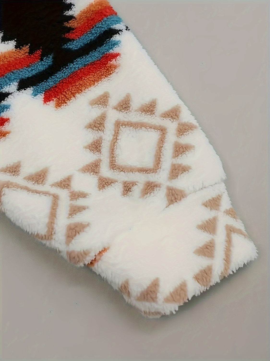 Geometric Zip Up Hooded Sherpa Jacket - Amexza