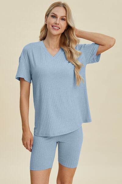 Basic Bae Full Size Ribbed V-Neck Short Sleeve Top and Shorts Set for a perfect OOTD – dress to impress outfits from Amexza