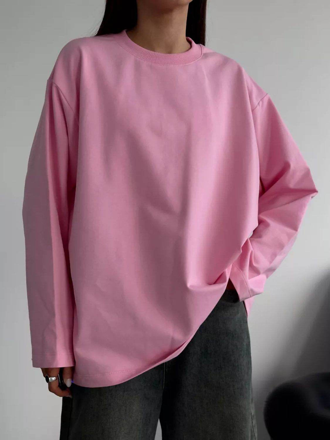 Round Neck Dropped Shoulder Long Sleeve T-Shirt Pink for a perfect OOTD – dress to impress outfits from Amexza