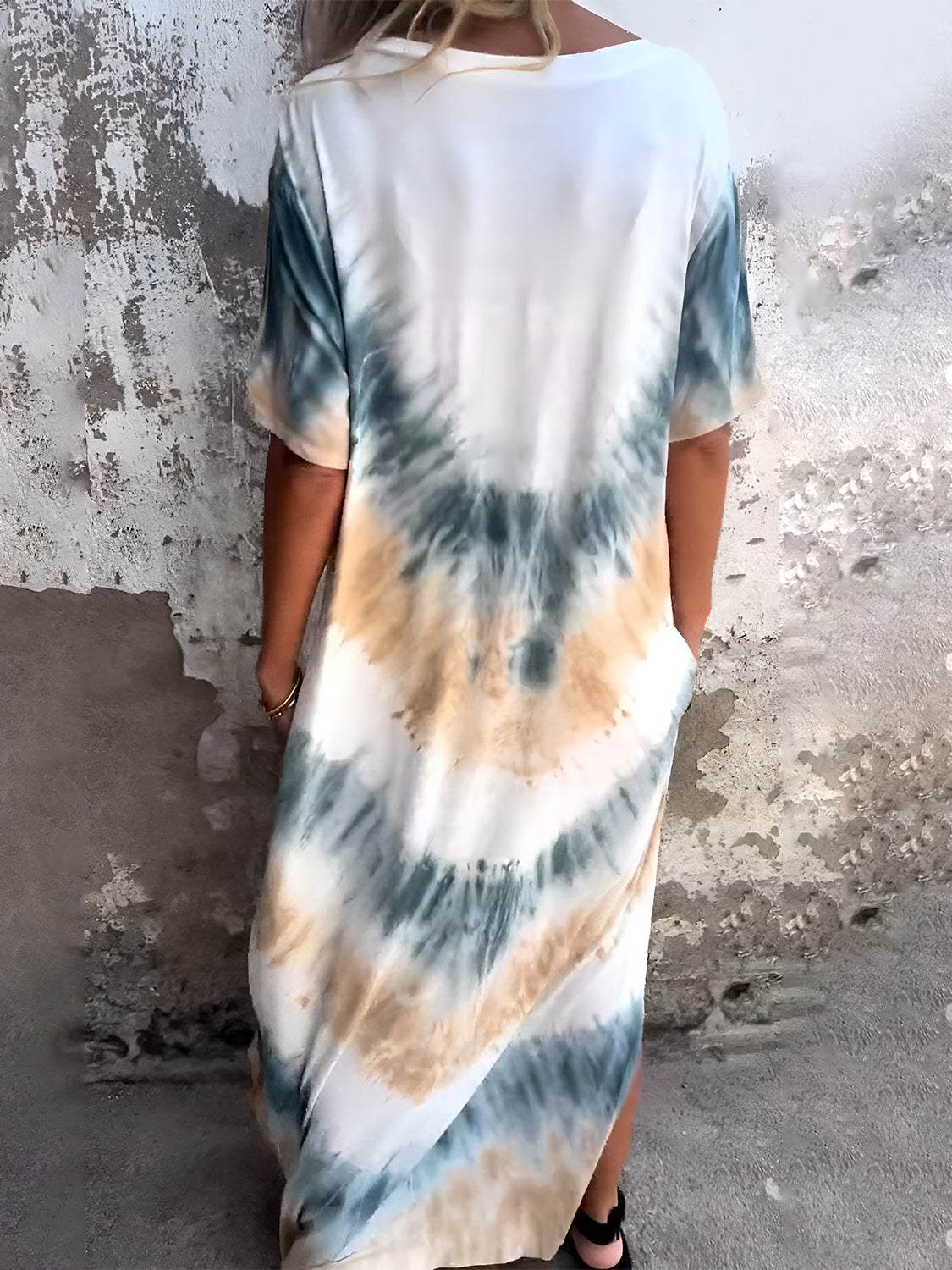 Full Size Pocketed Tie-Dye Short Sleeve Dress - Amexza