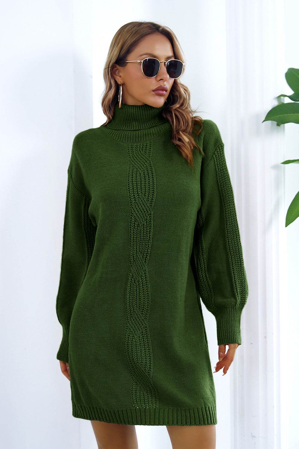 Openwork Turtleneck Long Sleeve Sweater Dress - Amexza