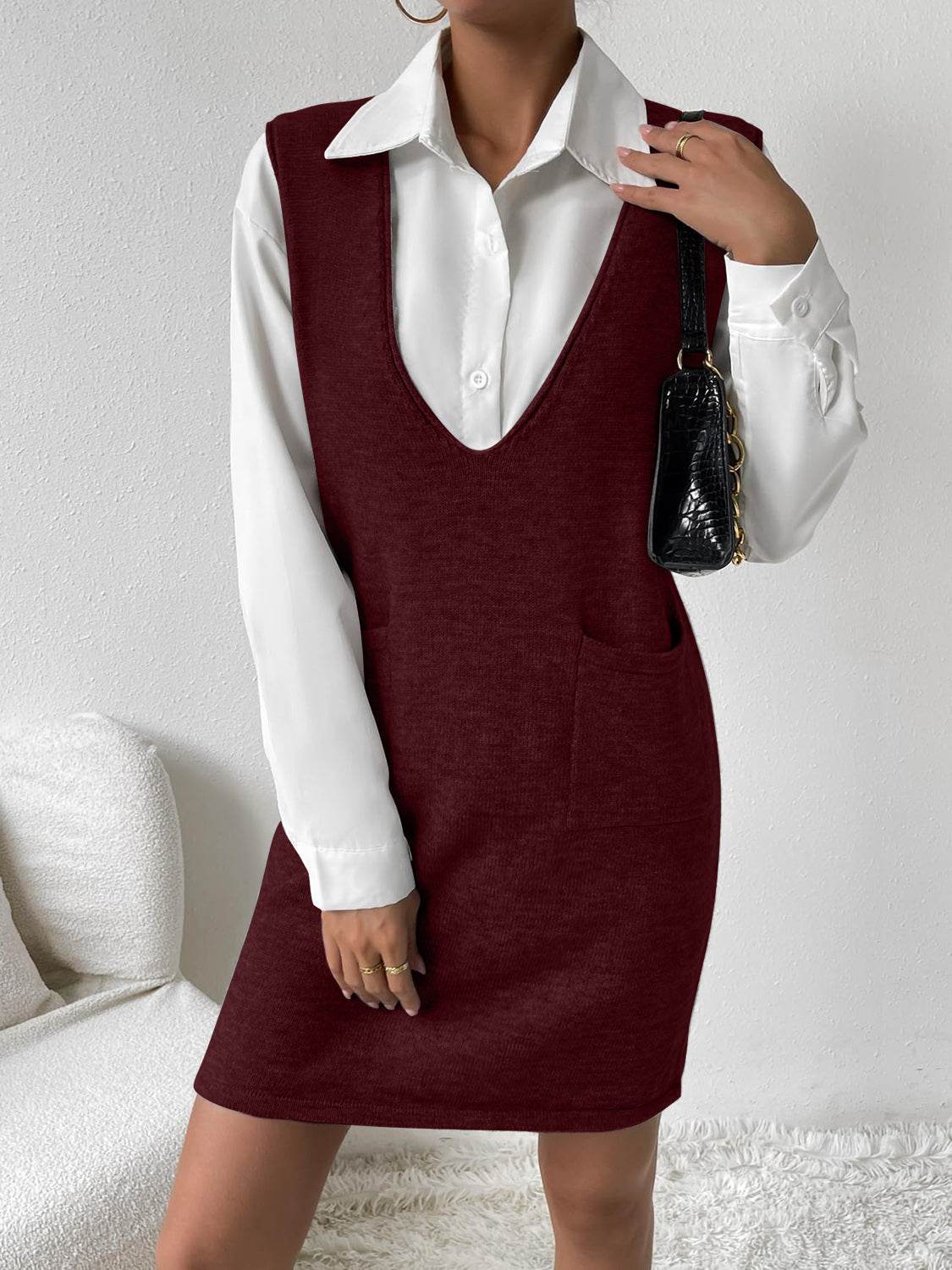 V-Neck Sleeveless Sweater Dress with Pockets - Amexza