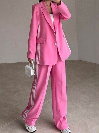 Side Striped Long Sleeve Blazer and Pants Set Hot Pink for a perfect OOTD – dress to impress outfits from Amexza