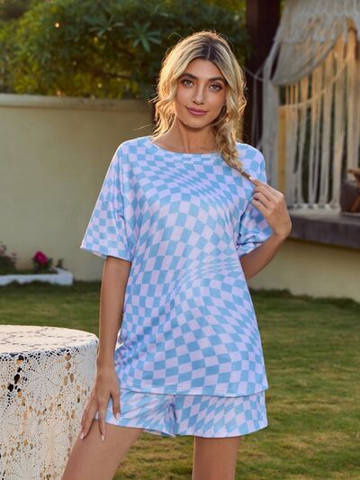 Plaid Round Neck Top and Shorts Lounge Set Light Blue for a perfect OOTD – dress to impress outfits from Amexza