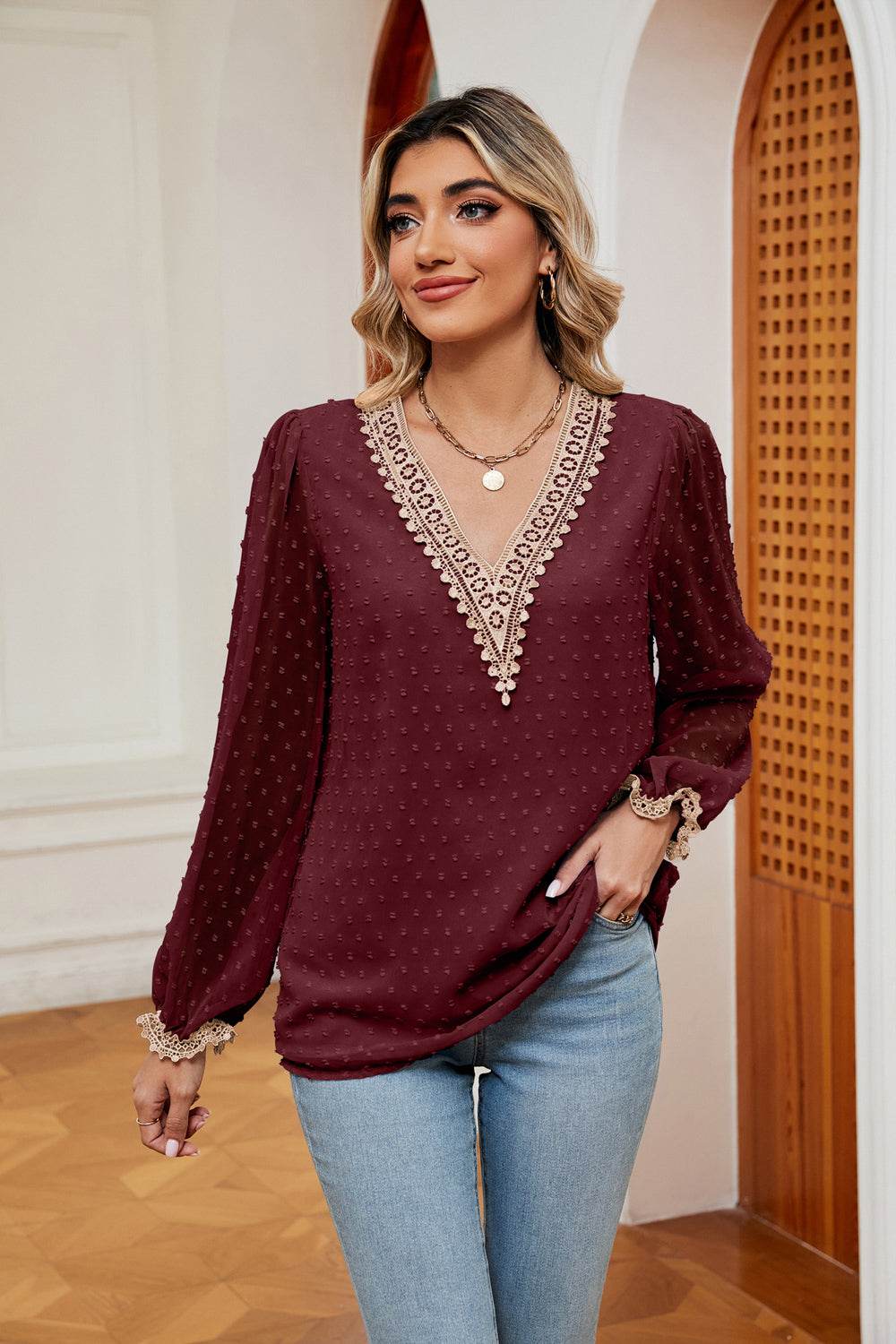 Swiss Dot Contrast V-Neck Blouse Wine for a perfect OOTD – dress to impress outfits from Amexza