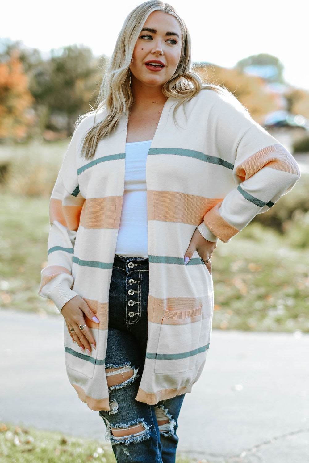 Plus Size Striped Open Front Cardigan for a perfect OOTD – dress to impress outfits from Amexza