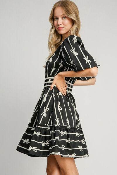 Umgee Ribbon Print Frill Contrast Velvet Trim Half Sleeve Dress for a perfect OOTD – dress to impress outfits from Amexza