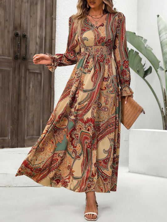 Smocked Printed V-Neck Flounce Sleeve Dress - Caramel / S