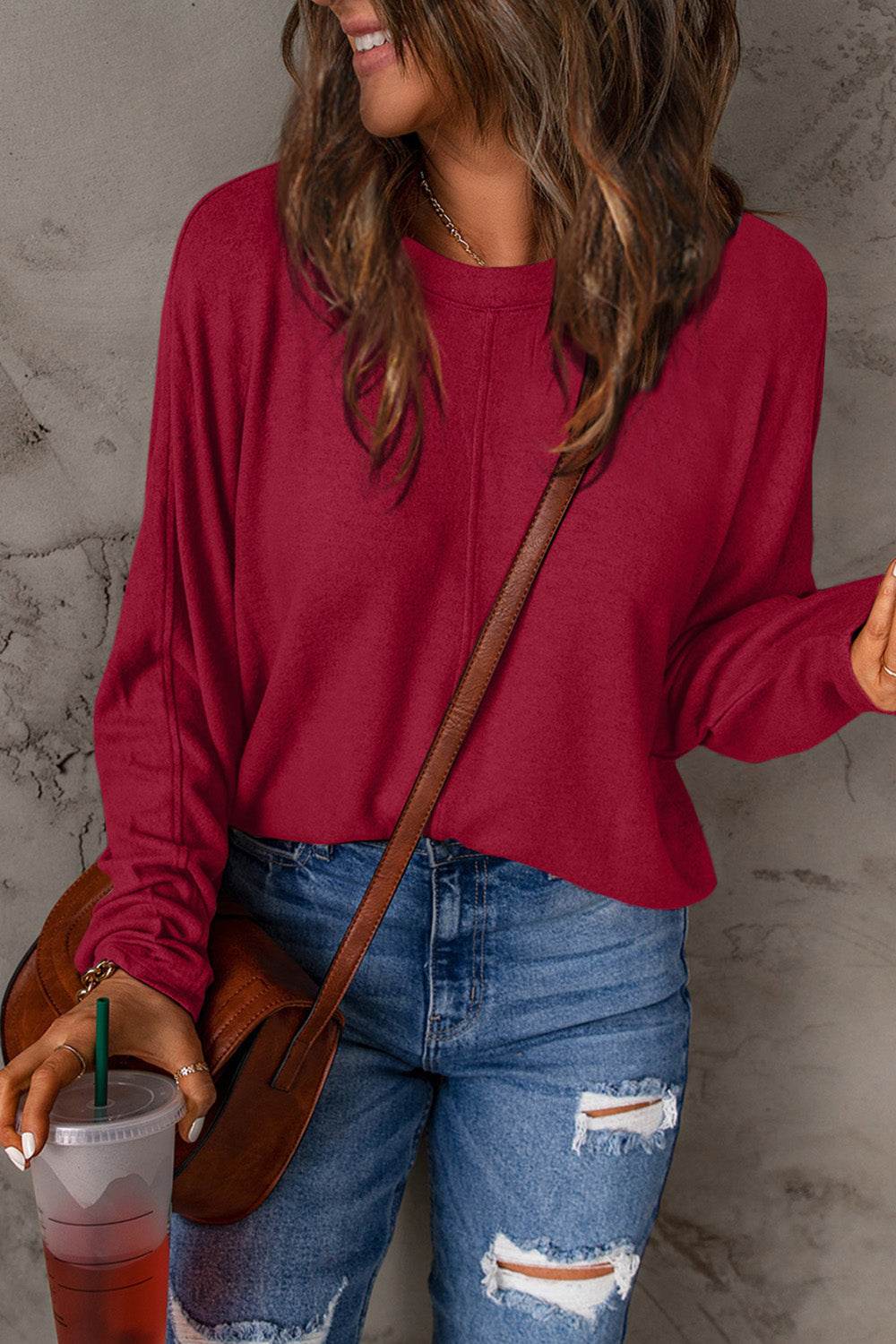 Double Take Full Size Round Neck Long Sleeve T-Shirt Deep Red for a perfect OOTD – dress to impress outfits from Amexza