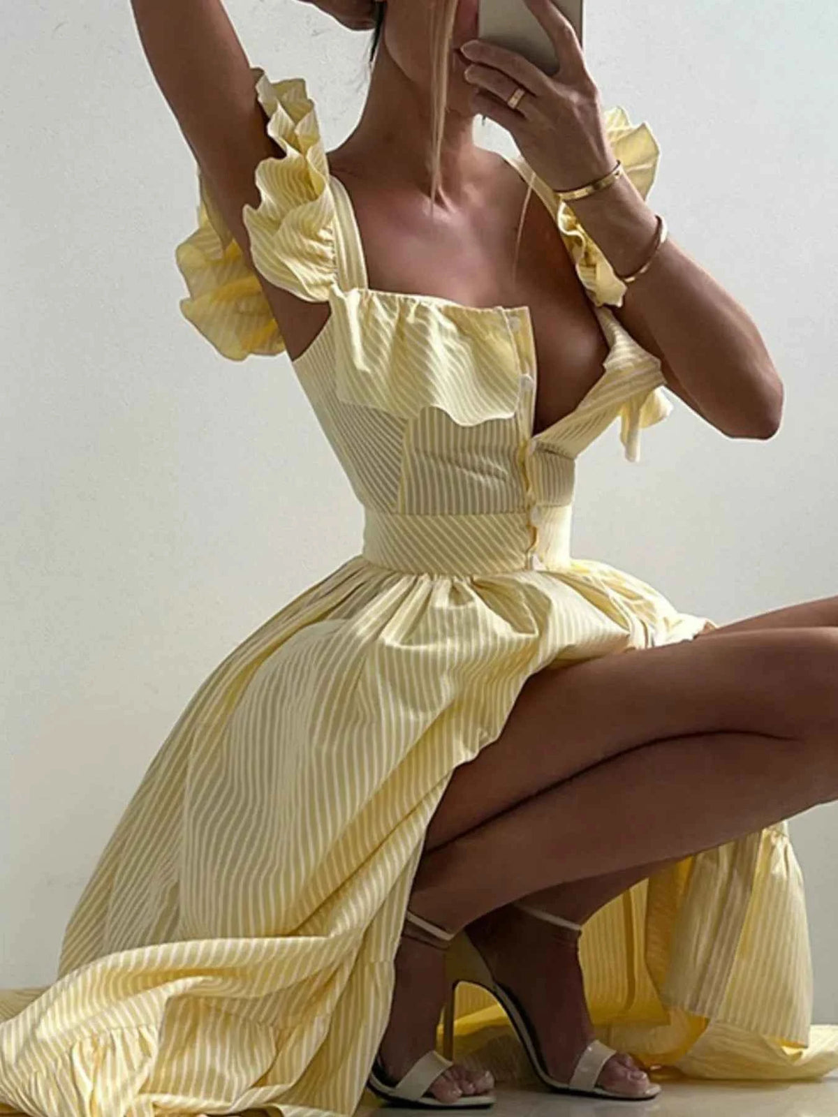 Ruffled Striped Square Neck Dress