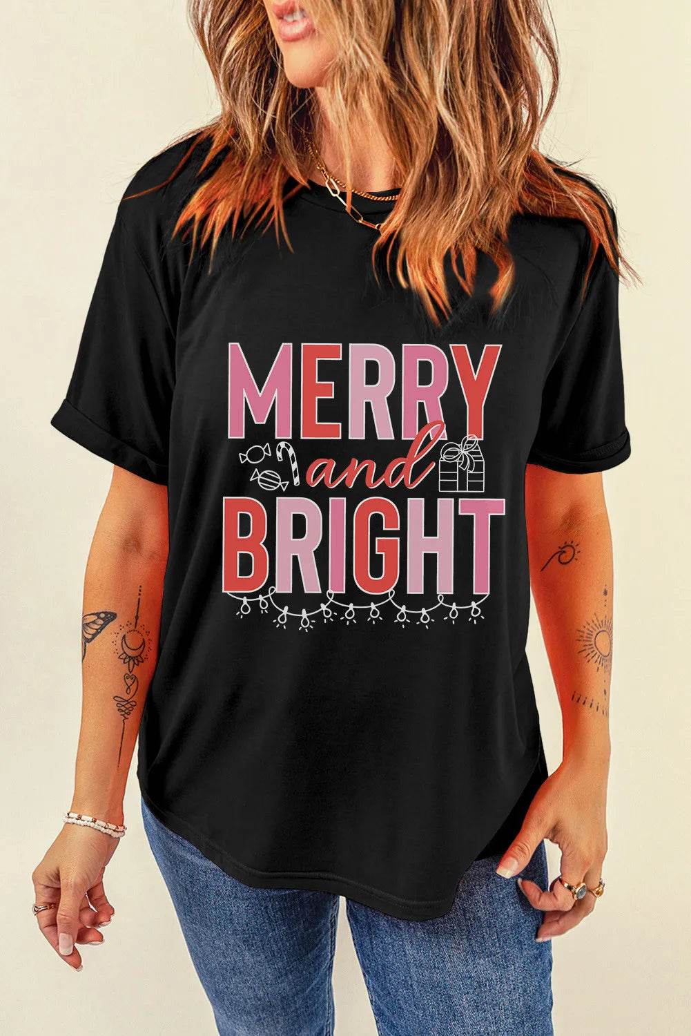 MERRY AND BRIGHT Round Neck Short Sleeve T-Shirt - Amexza