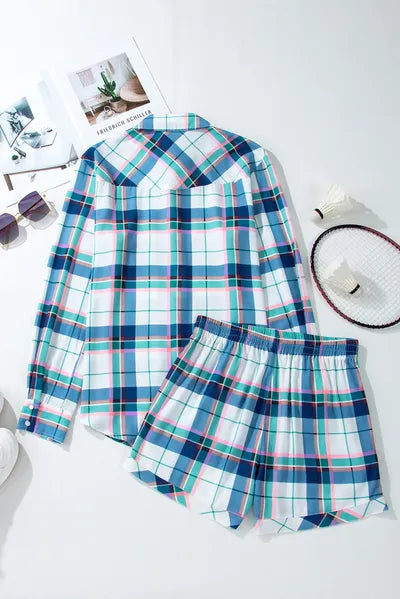 Plaid Snap Down Long Sleeve Top and Shorts Lounge Set for a perfect OOTD – dress to impress outfits from Amexza