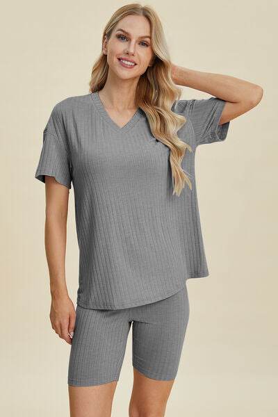 Basic Bae Full Size Ribbed V-Neck Short Sleeve Top and Shorts Set Gray for a perfect OOTD – dress to impress outfits from Amexza