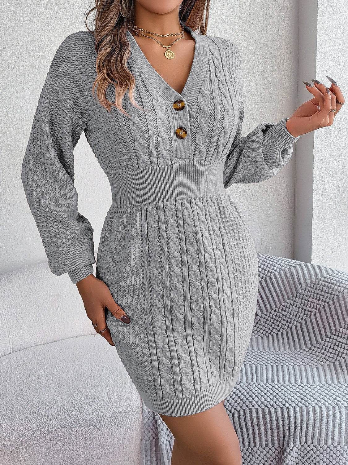 Buttoned Cable-Knit V-Neck Sweater Dress Charcoal for a perfect OOTD – dress to impress outfits from Amexza