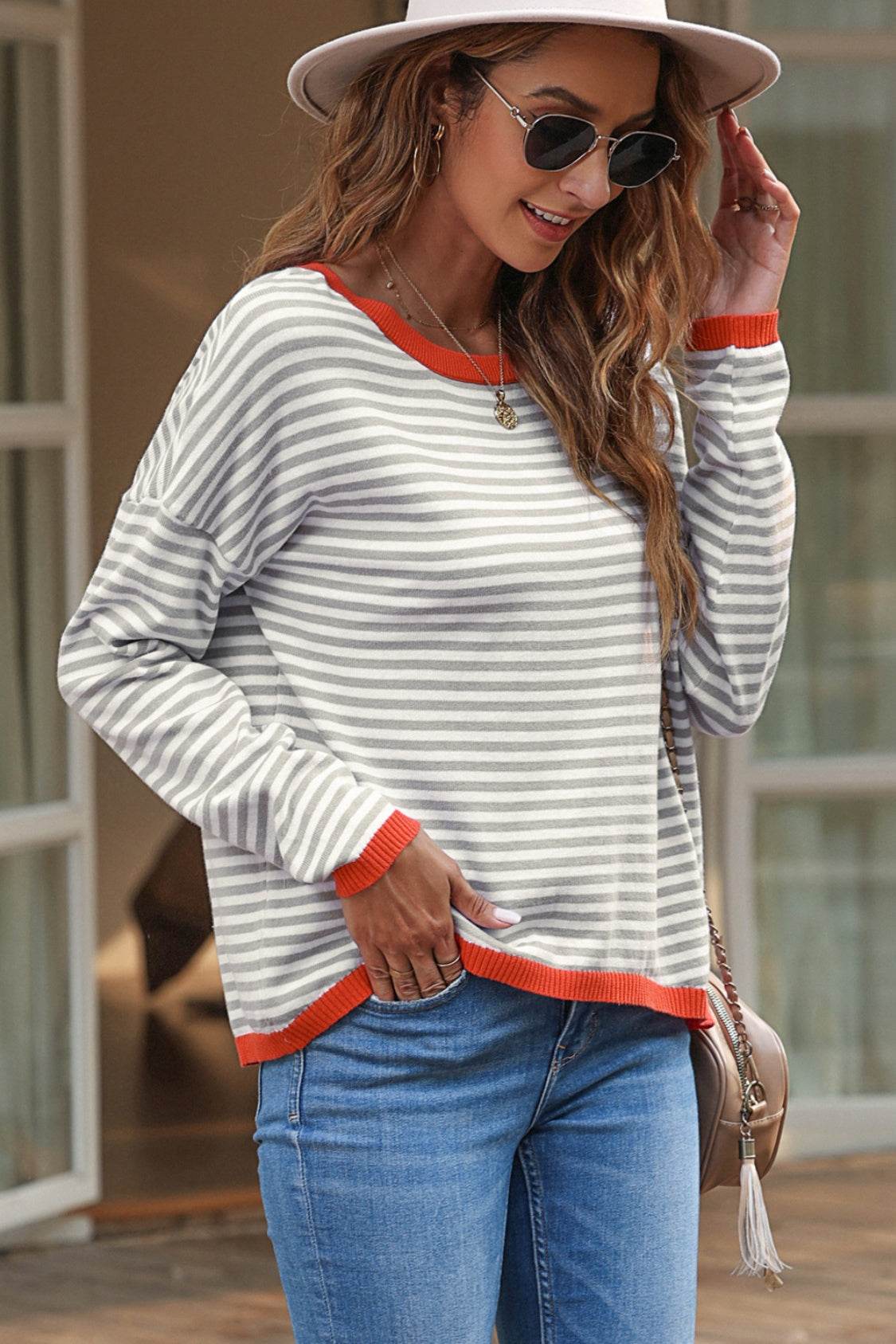 Striped Round Neck Drop Shoulder T-Shirt for a perfect OOTD – dress to impress outfits from Amexza