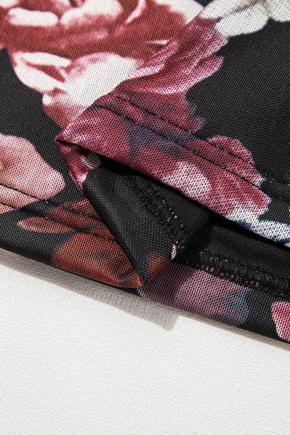 Floral Mock Neck Long Sleeve Mesh Top - Amexza