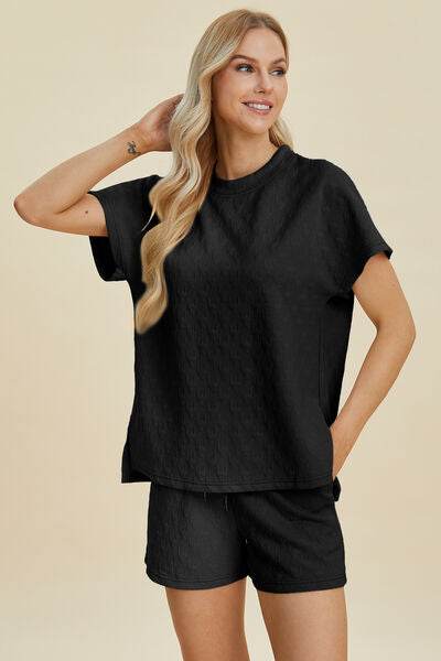 Double Take Full Size Texture Round Neck Short Sleeve Top and Shorts Set for a perfect OOTD – dress to impress outfits from Amexza