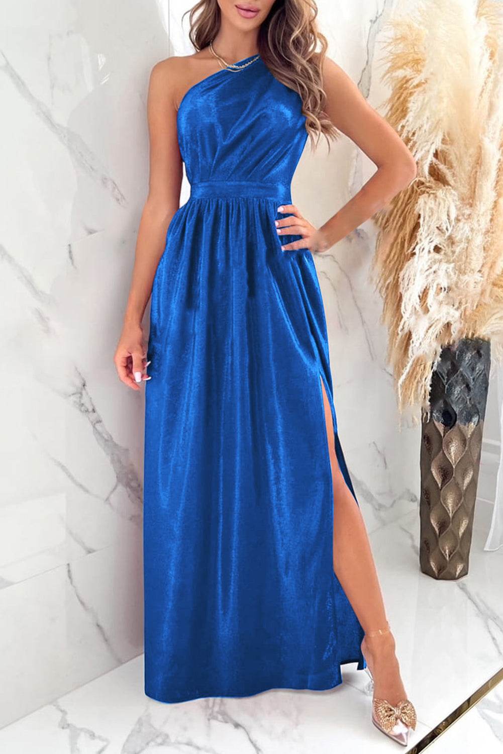 One Shoulder Slit Ruched Maxi Dress Royal Blue for a perfect OOTD – dress to impress outfits from Amexza