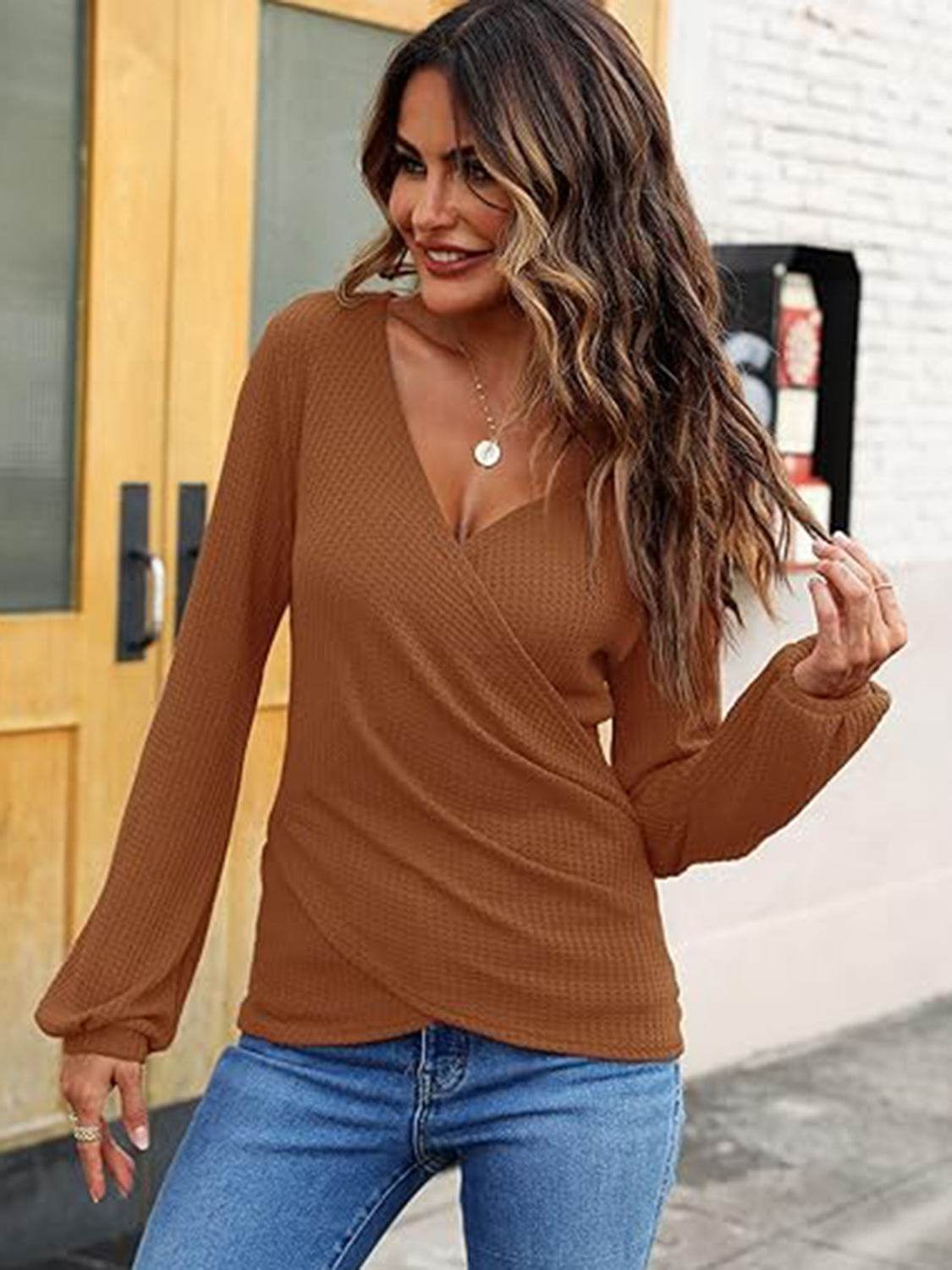 Waffle Knit Surplice Long Sleeve T-Shirt Caramel for a perfect OOTD – dress to impress outfits from Amexza