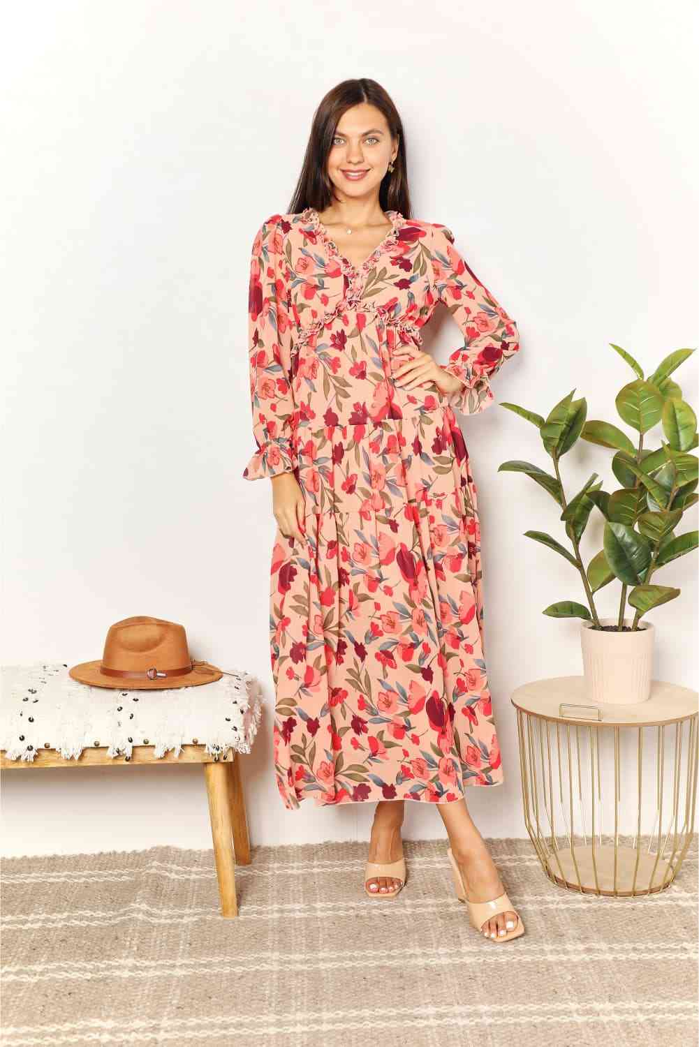 Double Take Floral Frill Trim Flounce Sleeve Plunge Maxi Dress for a perfect OOTD – dress to impress outfits from Amexza