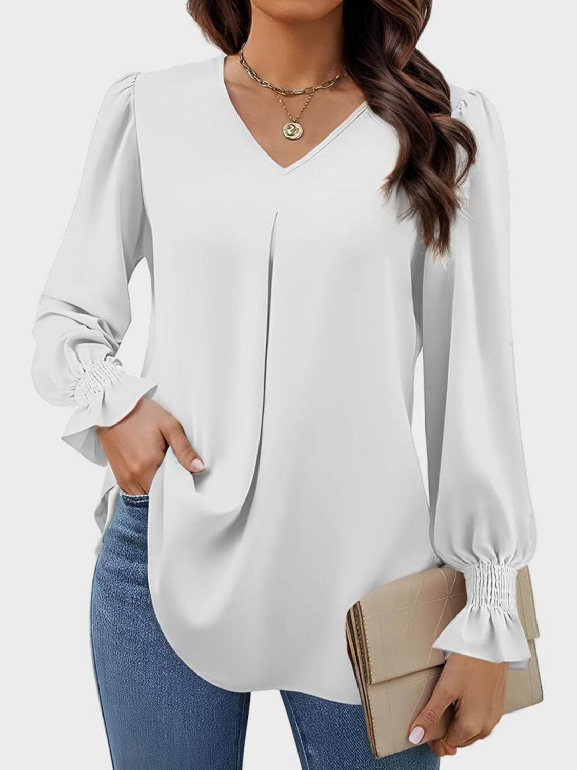 V-Neck Flounce Sleeve Top for a perfect OOTD – dress to impress outfits from Amexza